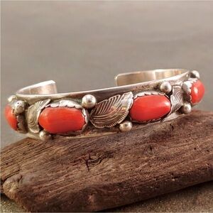 Vintage Zuni Simplicio Sterling Silver and Red Coral Leaf Design Cuff Bracelet